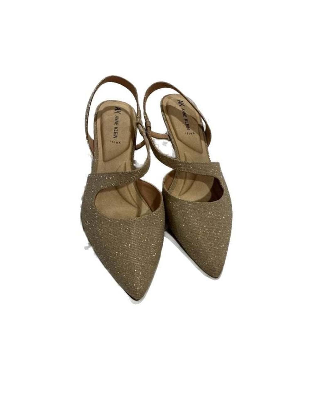Anne Klein iFlex Akilandra Gold Glitzy Pointed Toe Kitten Heel Slingback Pumps